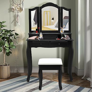 Costway Vanity Makeup Dressing Table Set W/Stool 4 Drawer&Mirror Jewelry Wood Desk Black