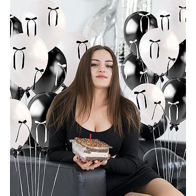 60 Pcs Black Bow Balloons with DIY Ribbon for Coquette Birthday Party Decorations (Black)