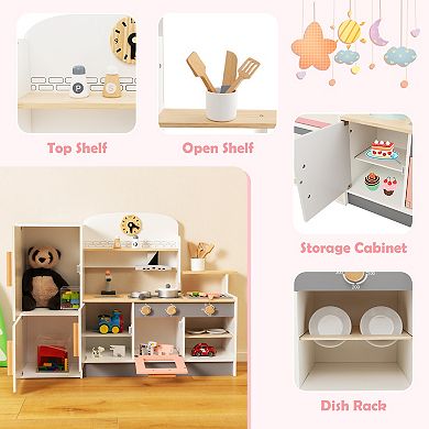 Wooden Kids Play Kitchen Set with Accessories and Storage