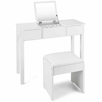 Costway White Vanity Dressing Table Furniture Stool Storage Box