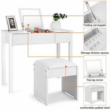 Costway White Vanity Dressing Table Furniture Stool Storage Box