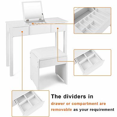 Costway White Vanity Dressing Table Furniture Stool Storage Box