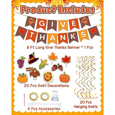 45-Piece Thanksgiving Decor Set 'Give Thanks' Banner & Hanging Swirls for Home, Office, Party
