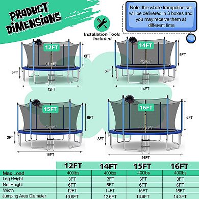 12/14/15/16 Feet Outdoor Recreational Trampoline with Ladder and Enclosure Net