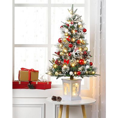 3FT Pre-Lit Artificial Christmas Tree Snow Flocked 78 LEDs Snowman Box