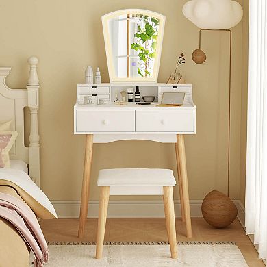 Costway Vanity Desk Set with Lighted Mirror 3-Color Adjustable LED Lights Drawers