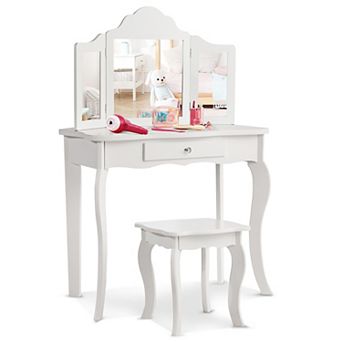 Costway Vanity Table Set Makeup Dressing Table Stool Mirror White