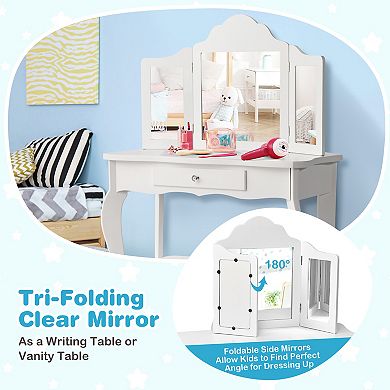 Costway Vanity Table Set Makeup Dressing Table Stool Mirror White