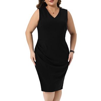 Plus Size Women's Wear to Work Sleeveless V Neck Ruched Bodycon Pencil Dresses