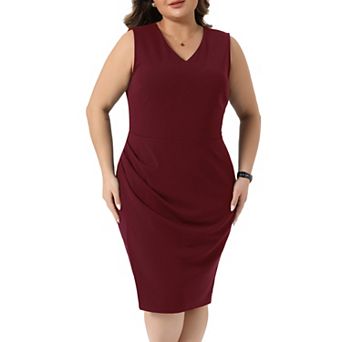 Plus Size Women's Wear to Work Sleeveless V Neck Ruched Bodycon Pencil Dresses