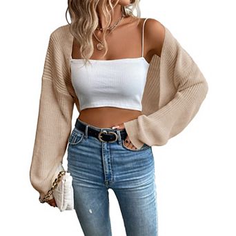 Womens Knitted Cardigan Long Sleeve Open Front Crop Sweater Shrug