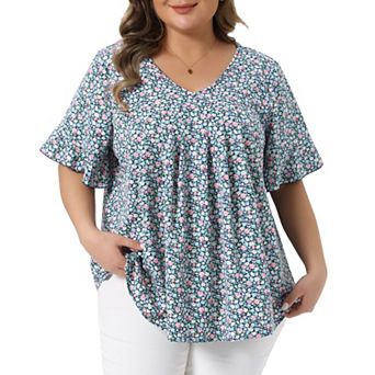 Plus Size Tops for Women V Neck Flared Sleeve Ditsy Floral Pleated Casual Summer Blouses
