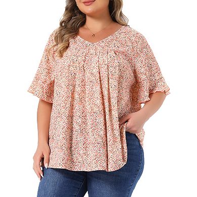 Plus Size Tops for Women V Neck Flared Sleeve Ditsy Floral Pleated ...
