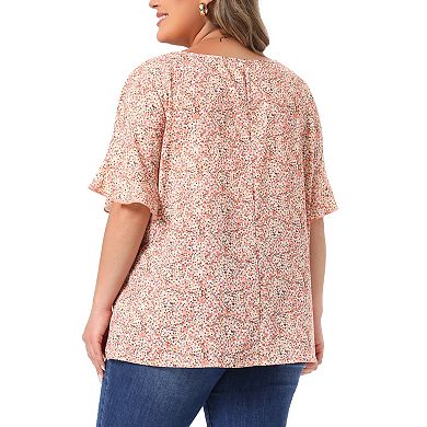Plus Size Tops for Women V Neck Flared Sleeve Ditsy Floral Pleated ...