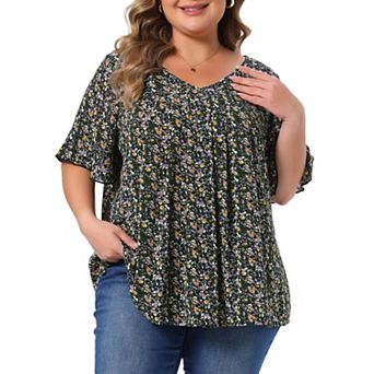 Plus Size Tops for Women V Neck Flared Sleeve Ditsy Floral Pleated Casual Summer Blouses