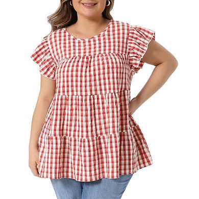 Women's Plus Size Gingham Top Crew Neck Flare Short Sleeves Blouse Babydoll Summer Tops