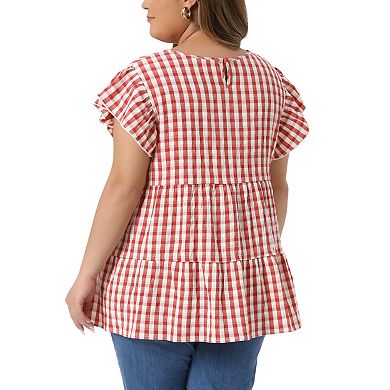 Women's Plus Size Gingham Top Crew Neck Flare Short Sleeves Blouse Babydoll Summer Tops