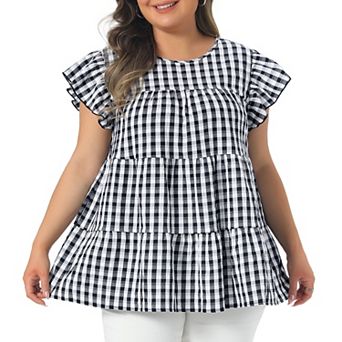 Women's Plus Size Gingham Top Crew Neck Flare Short Sleeves Blouse Babydoll Summer Tops
