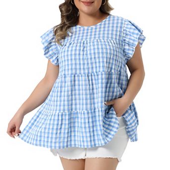 Women's Plus Size Gingham Top Crew Neck Flare Short Sleeves Blouse Babydoll Summer Tops