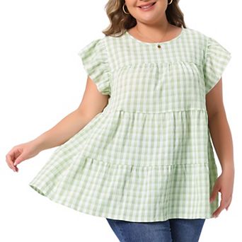 Women's Plus Size Gingham Top Crew Neck Flare Short Sleeves Blouse Babydoll Summer Tops