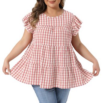 Women's Plus Size Gingham Top Crew Neck Flare Short Sleeves Blouse Babydoll Summer Tops