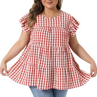 Women's Plus Size Gingham Top Crew Neck Flare Short Sleeves Blouse Babydoll Summer Tops