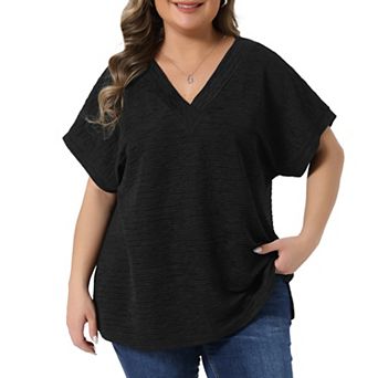 Plus Size Tops for Women V Neck Short Sleeve Textured Solid T-Shirts Summer Casual Blouses
