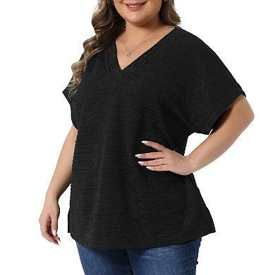 Plus Size Tops for Women V Neck Short Sleeve Textured Solid T-Shirts Summer Casual Blouses