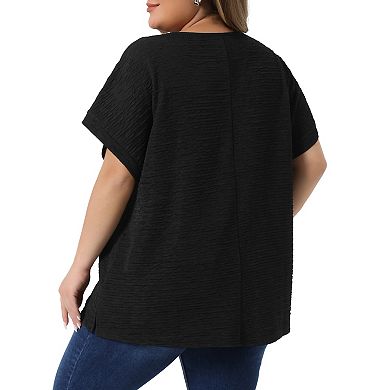 Plus Size Tops for Women V Neck Short Sleeve Textured Solid T-Shirts Summer Casual Blouses