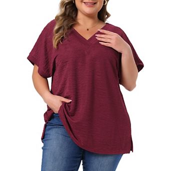 Plus Size Tops for Women V Neck Short Sleeve Textured Solid T-Shirts Summer Casual Blouses