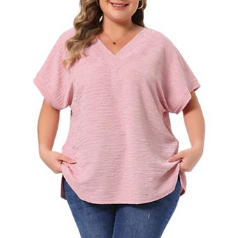 Plus Size Tops for Women V Neck Short Sleeve Textured Solid T-Shirts Summer Casual Blouses