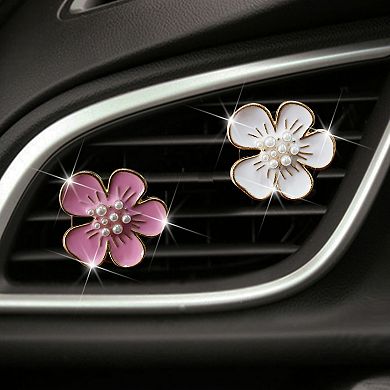 3-Piece Pearl Flower Car Vent Clip Decorative Set Gold Trim Dashboard Accent 1.1in