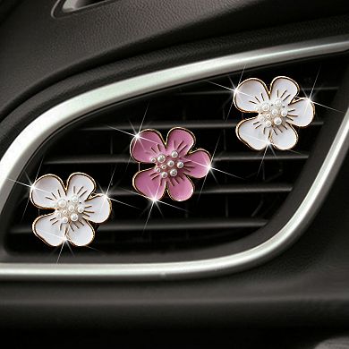 3-Piece Pearl Flower Car Vent Clip Decorative Set Gold Trim Dashboard Accent 1.1in