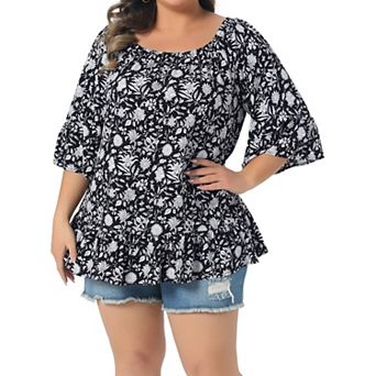 Women's Plus Size Floral Tops Half Sleeve Crew Neck Off Shoulder Summer t Shirt Tops Blouse