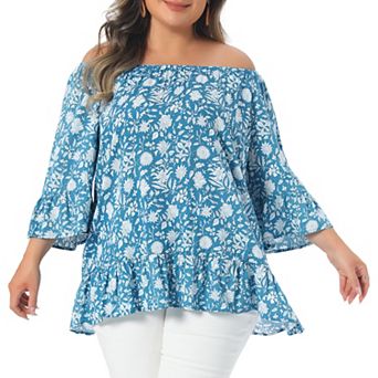 Women's Plus Size Floral Tops Half Sleeve Crew Neck Off Shoulder Summer t Shirt Tops Blouse