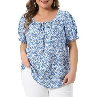 Plus Size Tops for Women Scoop Neck Notch V Tie Front Short Sleeve Floral Summer Blouses