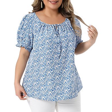Plus Size Tops for Women Scoop Neck Notch V Tie Front Short Sleeve Floral Summer Blouses