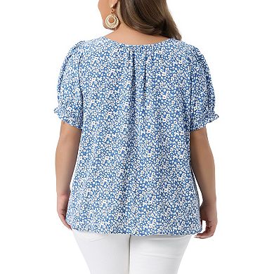 Plus Size Tops for Women Scoop Neck Notch V Tie Front Short Sleeve Floral Summer Blouses