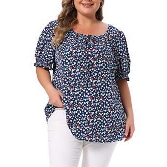Plus Size Tops for Women Scoop Neck Notch V Tie Front Short Sleeve Floral Summer Blouses