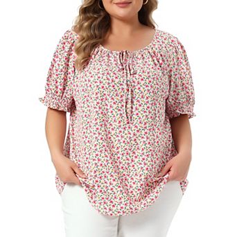 Plus Size Tops for Women Scoop Neck Notch V Tie Front Short Sleeve Floral Summer Blouses