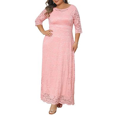 Women's Plus Size Floral Lace Dresses Scoop Neck 3/4 Sleeves Formal Cocktail Floor Maxi Dress