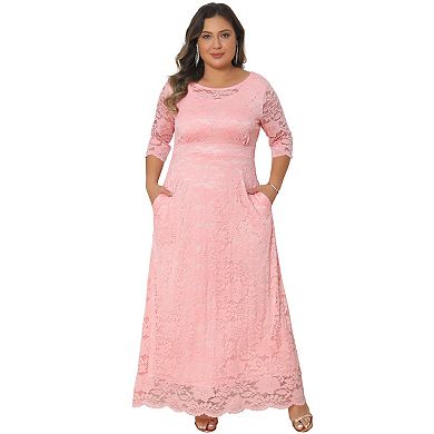 Women's Plus Size Floral Lace Dresses Scoop Neck 3/4 Sleeves Formal Cocktail Floor Maxi Dress