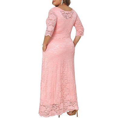 Women's Plus Size Floral Lace Dresses Scoop Neck 3/4 Sleeves Formal Cocktail Floor Maxi Dress