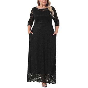 Women's Plus Size Wedding Lace 3/4 Sleeves Formal Cocktail Floor Maxi Dress