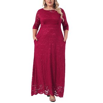 Women's Plus Size Wedding Lace 3/4 Sleeves Formal Cocktail Floor Maxi Dress