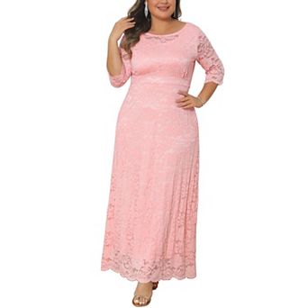 Women's Plus Size Floral Lace Dresses Scoop Neck 3/4 Sleeves Formal Cocktail Floor Maxi Dress