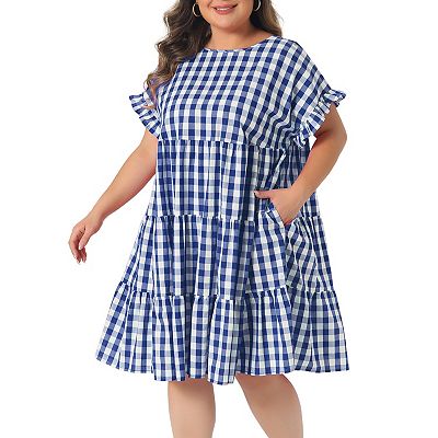 Plus Size Dresses for Women Plaid Round Neck Ruffle Sleeve Tiered Babydoll  Midi Dress with Pocket