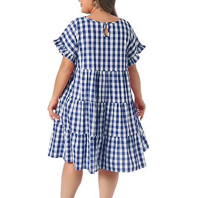 Plus Size Dresses for Women Plaid Round Neck Ruffle Sleeve Tiered Babydoll Midi Dress with Pocket