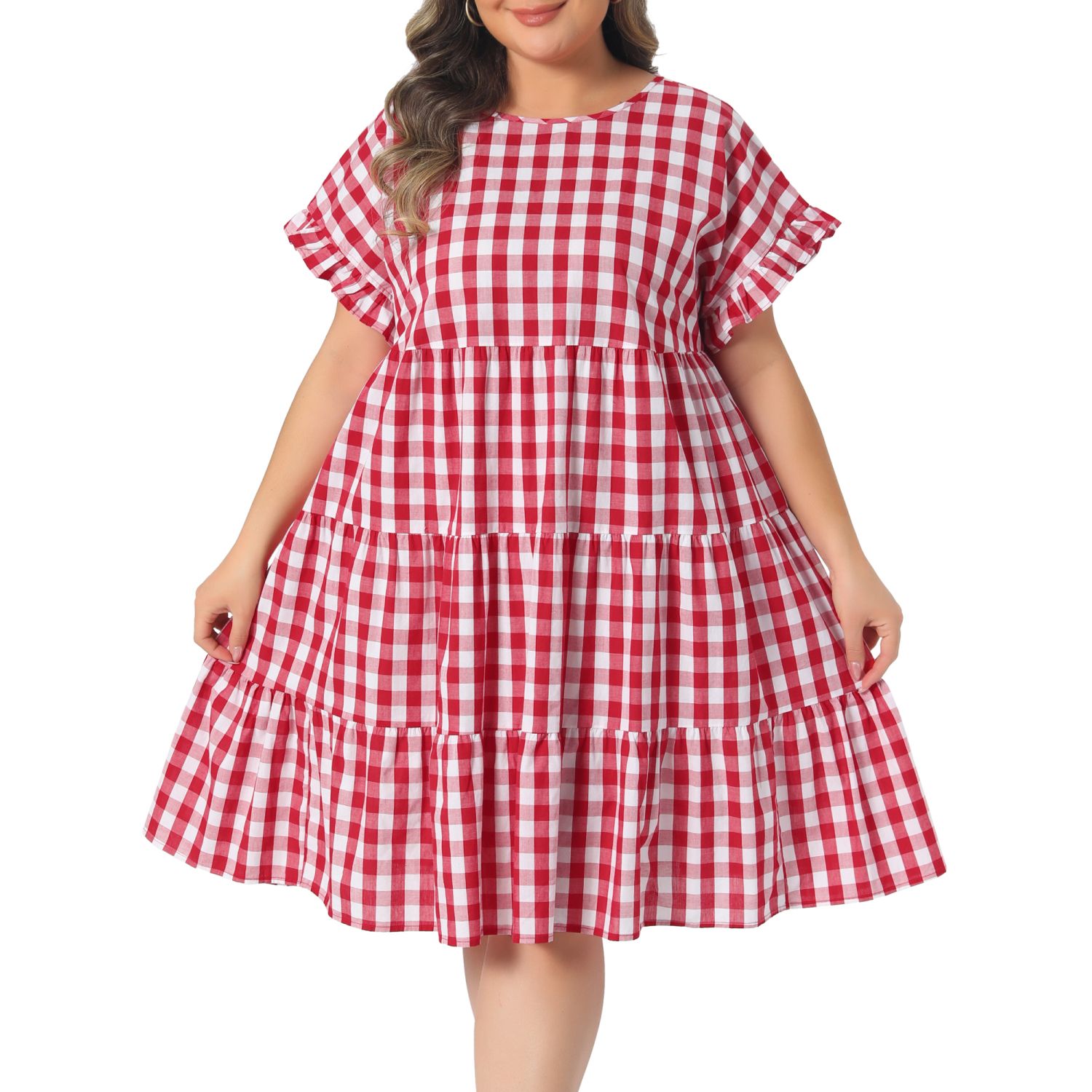 Женские платья Plus Size Dresses for Women Plaid Round Neck Ruffle Sleeve Tiered Babydoll Midi Dress with Pocket