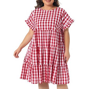 Plus Size Dresses for Women Plaid Round Neck Ruffle Sleeve Tiered Babydoll Midi Dress with Pocket